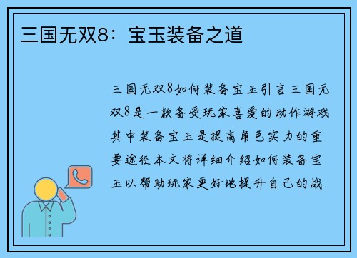 三国无双8：宝玉装备之道